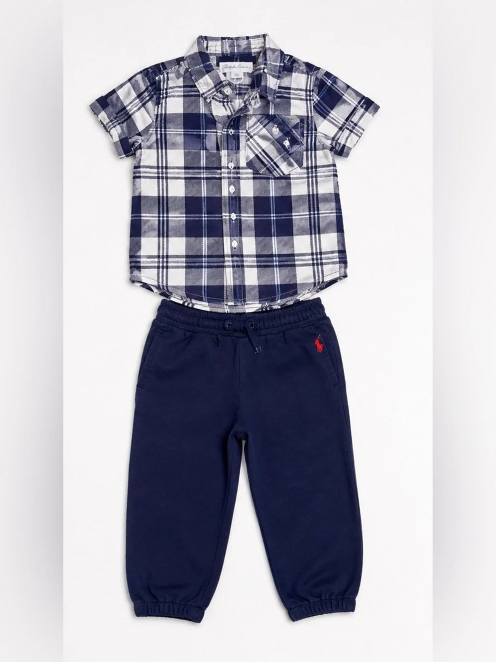 Polo Ralph Lauren 2 Piece Toddler Boy Plaid Shirt Jogger Set 18M